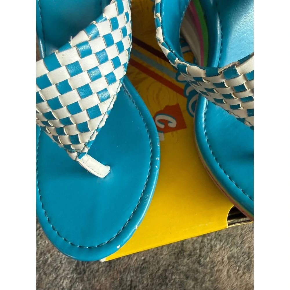 Vintage Skechers Cali Y2K Platform Wedge Sandals Blue White Woven Checkerboard‎